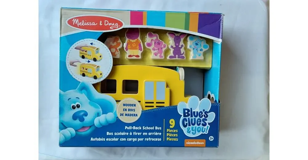 NIB Melissa & Doug Blue's Clues & You Wooden Pull-Back School Bus Toy
